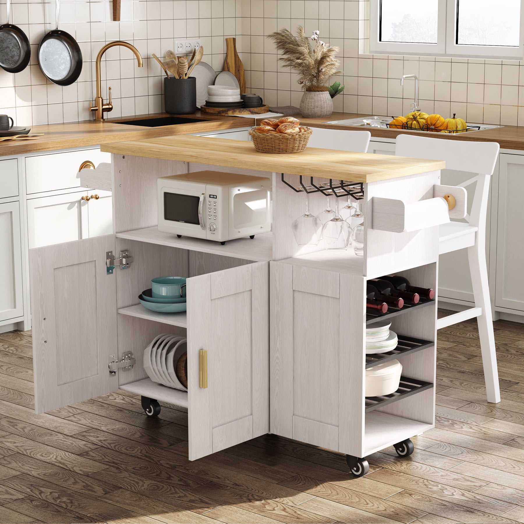 ZOPEND Rolling Mobile Kitchen Island Cart Bar, Island Cart with 5 Wheels, Power Socket and Towel Rack，White