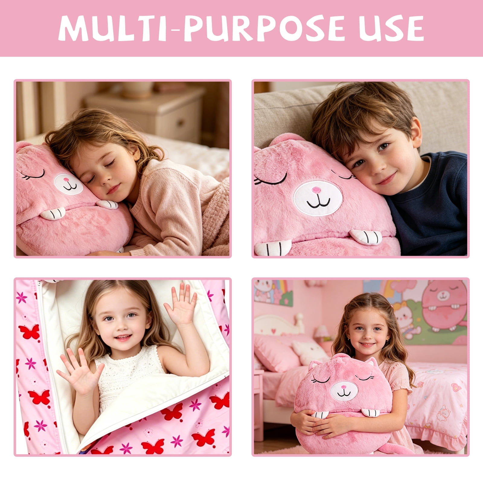 Kids Cat Sleeping Bag with Pillow - 2-in-1 Foldable, All Seasons, Soft & Warm (54"x20")-Pink