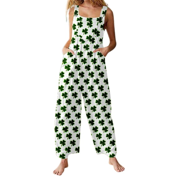 St Patricks Day -Stylish Sleeveless V-Neck Printed Jumpsuit Elastic Waist Casual Summer Wear For Women Beach Outings