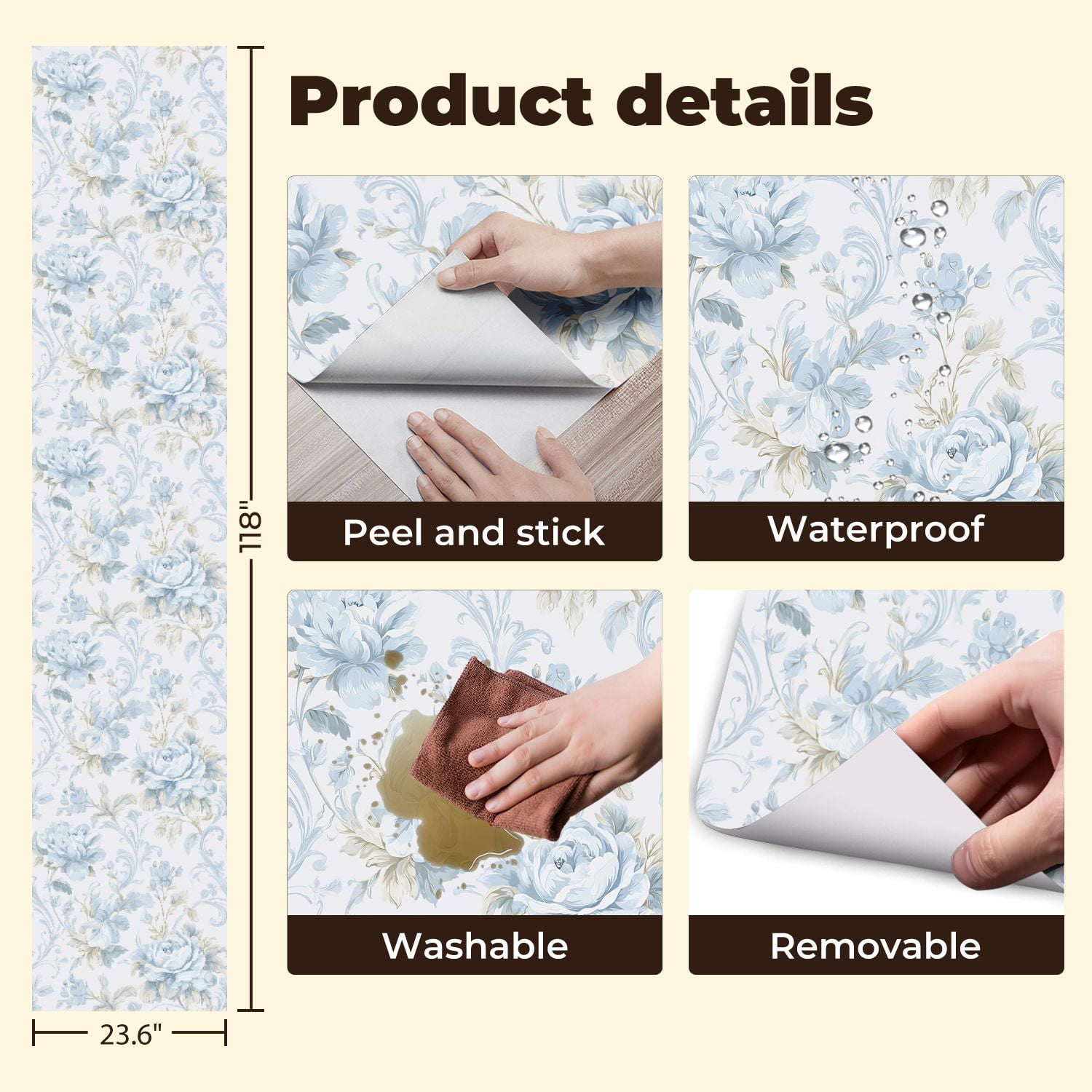 Vintage Peel and Stick Wallpaper Vintage Blue Floral Roses Leaves Light Wall Mural 23.6in x 9.8ft Self Adhesive Removable Wall Paper Renter Friendly Wallpaper for Nursery Bedroom Cabinets