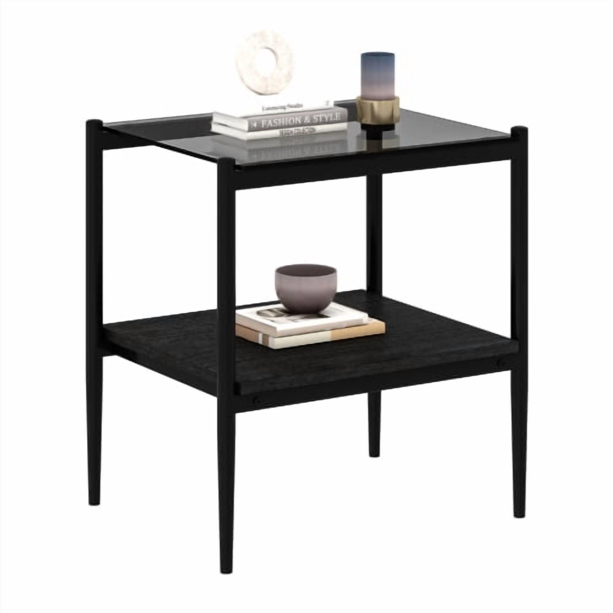 MOONMISS 2 Pack Rectangle End Table, Tempered Glass Top Side Table with MDF Frame, Modern Transparent Glass Accent Table for Living Room, Bedroom, Home Decor, Black