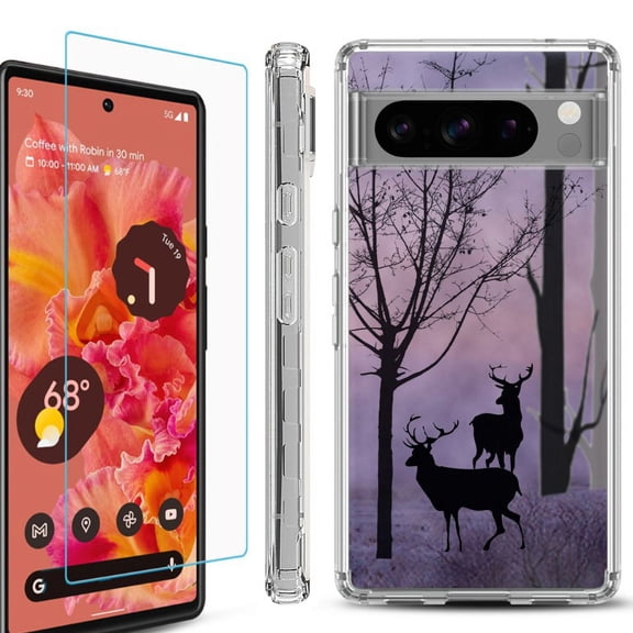OneToughShield ® Compatible with Google Pixel 8 Pro, Shockproof Phone Case, with Tempered Glass Screen Protector - Forest/Deer/Twilight