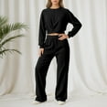 thumbnail image 2 of sususu Two Piece Lounge Set for Women,Sets for Women Stylish Women's Two Piece Outfit Round Neck Long Sleeve Blouse with Flowy Wide Leg Trousers Comfortable Elastic Drawstring Waistband - Black, 2 of 4