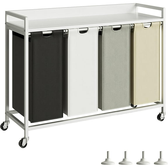 Laundry Hamper with Shelf, Laundry Basket 4 Section, Laundry Sorter with Pull-Out Removable Large 4 Color Bags and Movable Wheels, Metal Frame, 4 x 15.87 Gallons (60L), White PF07XLE