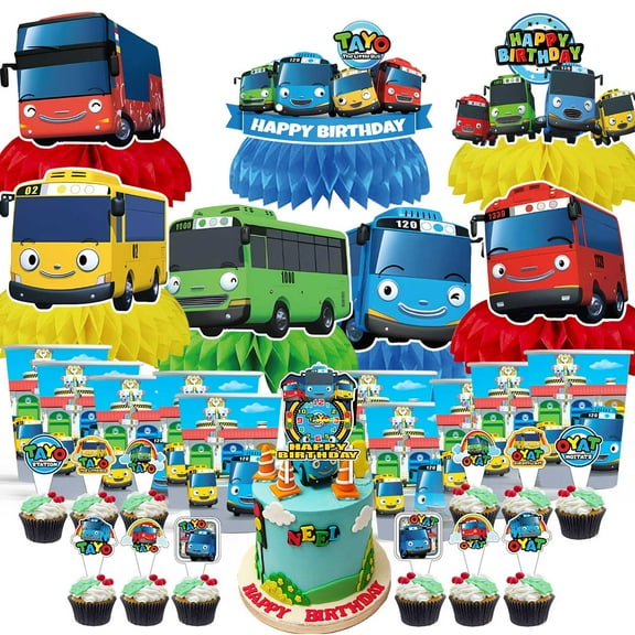 Tayo the Little Bus Party Supplies Decor Cups Fans Decorations Honeycomb Centerpieces Cake Toppers