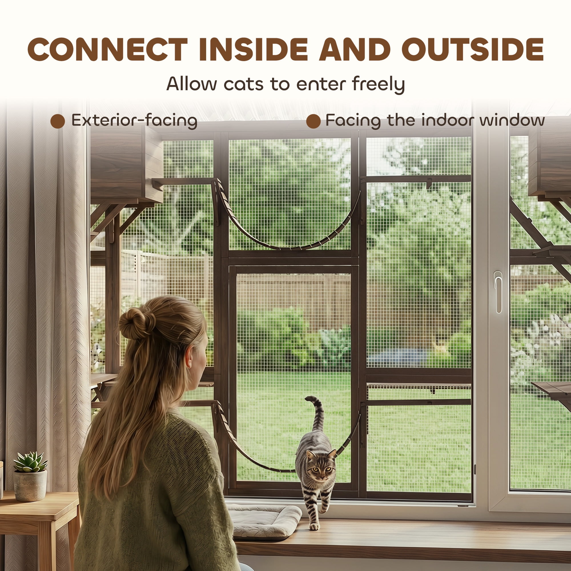 PawHut Catio Playground Outdoor Cat Enclosure, Wooden Outdoor Cat House Weatherproof for Multiple Cats, Shelves & Bridges, Coffee Brown
