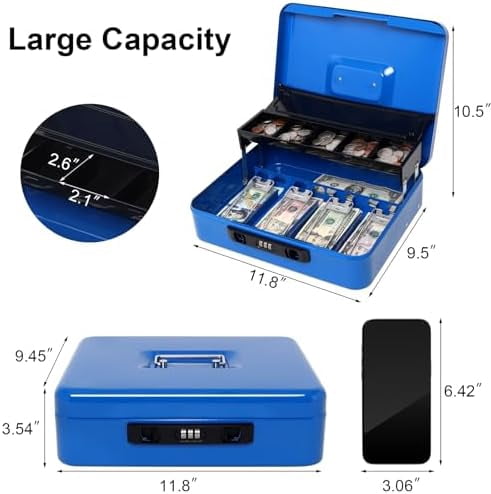 Locking Cash Box with Coin Lid, 11.8L x 9.5W x 3.5H Inches, Latch Safe Money Box with Combination Lock, Blue
