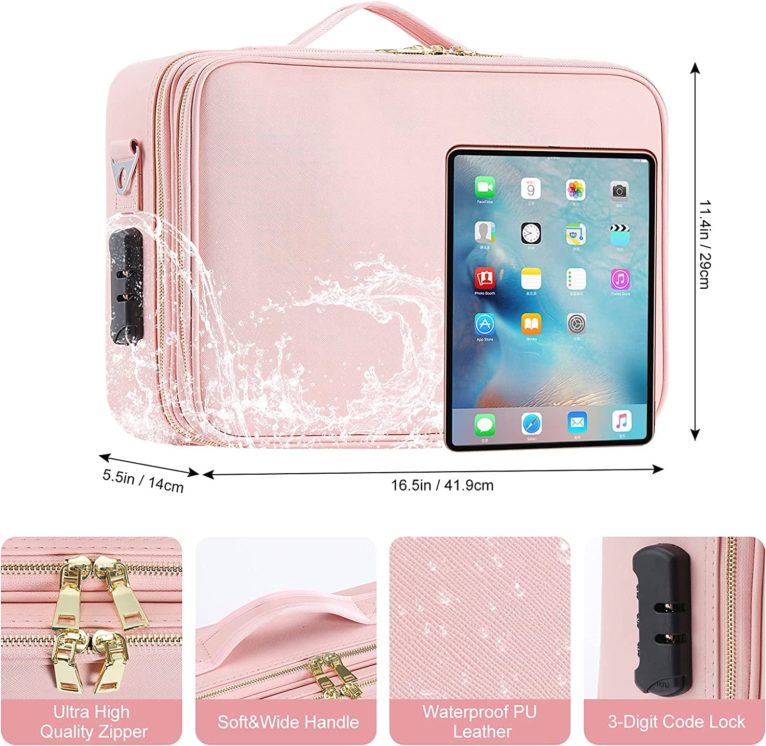 Travel Makeup Bag with Combination Lock Case Large Capacity 3-Layers Train  Cosmetic Case Organizer 16 Inches Waterproof Portable Artist Makeup Storage