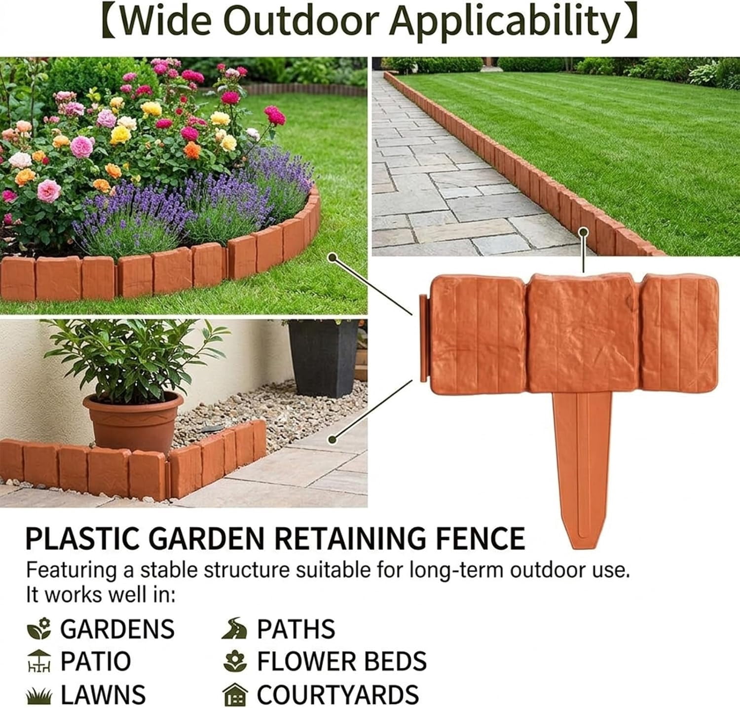 Plastic Garden Retaining Fence with Stakes, Imitation Stone Garden Fence for Flower Beds, No-Dig Interlocking Landscape Edging for Flower Beds, Pathways, and Lawns(10 Pcs)