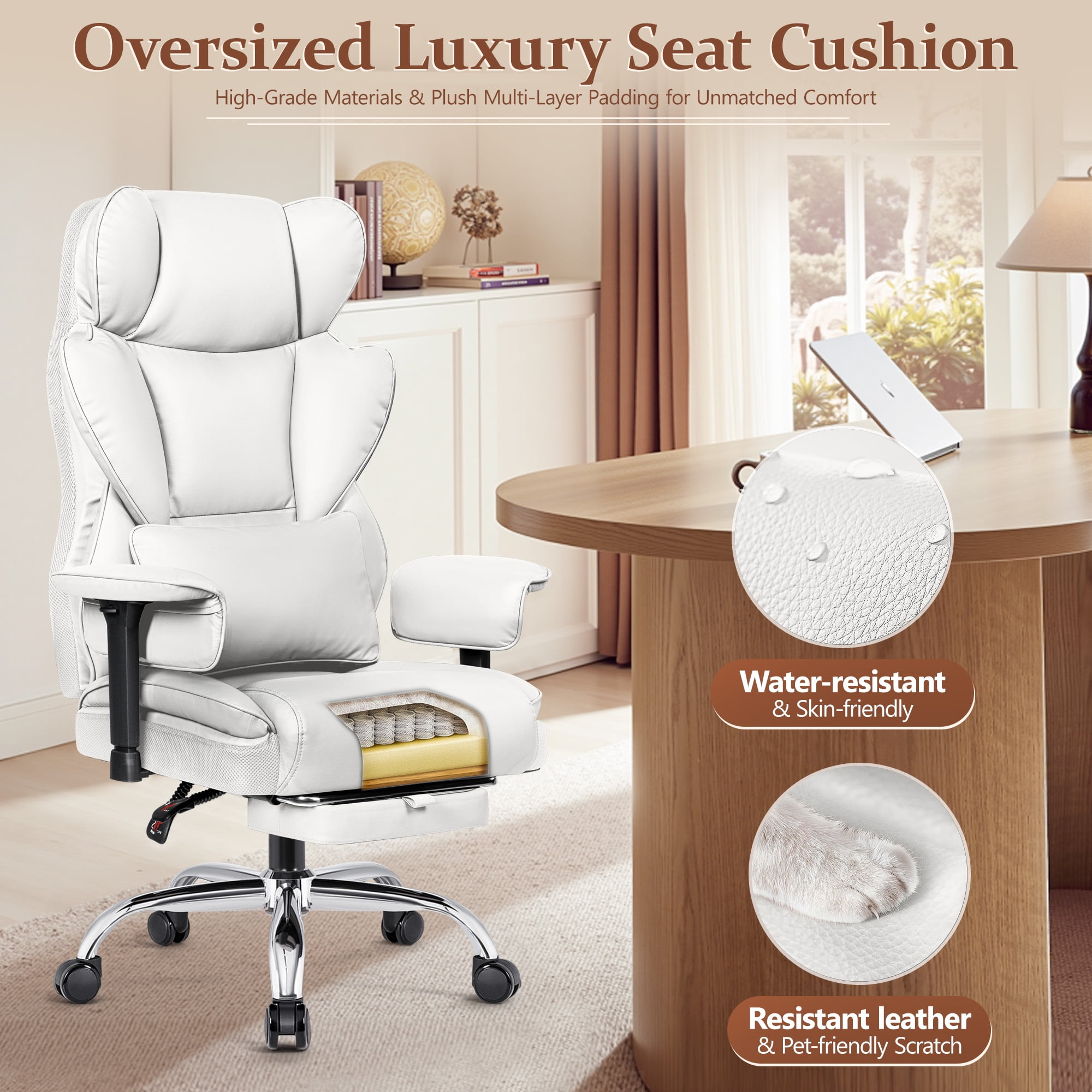 COOLHUT Large Executive Leather Office Chair with Footrest, Ergonomic Reclining Design, High Back and Lumbar Support, Ideal for Big and Tall Users, Perfect for Home Office or Computer Desk Use, White