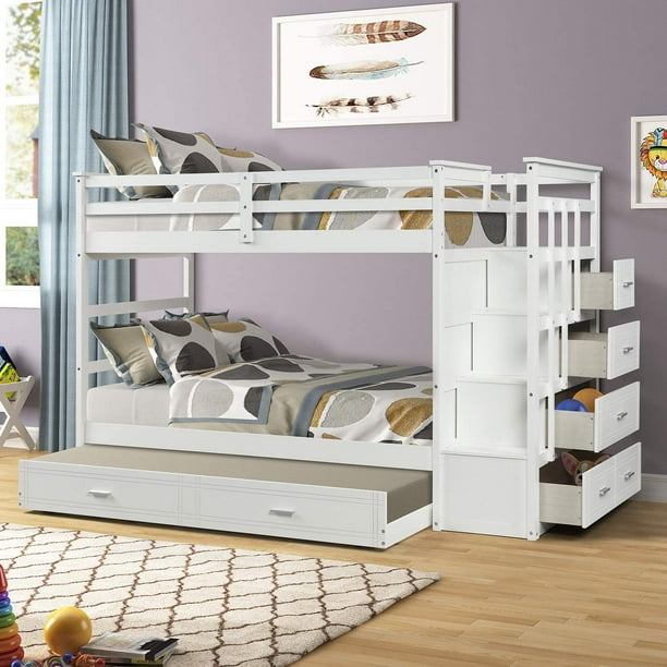 Twin Over Trundle Bunk Bed With 4 Storage Drawers Solid Wood Platform Staircase Safety Guardrail For Teens Girls Boys No Box Springs Needed Com Twin Over Trundle Bunk Bed With 4, Bunk Bed With Trundle And Storage Drawers