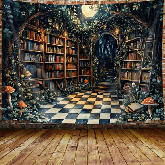 Fantasy Fairy Forest Tapestry Aesthetic, Witchy Mushroom Moon Vintage Library Nature Tapestry Wall Hanging for Bedroom, Dark Retro Magical Bookshelf Tapestries Poster Dorm Home Decor 60X40Inches