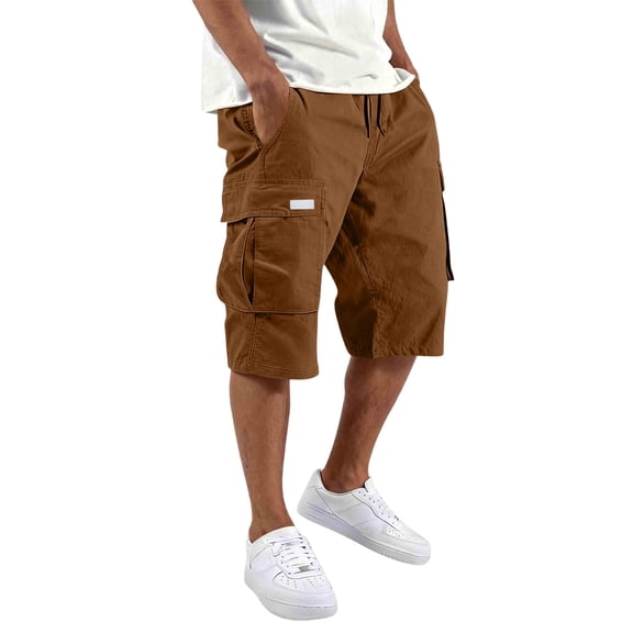 Domzle Men's Cotton Cargo Bermuda Shorts for Boys Knee Length Baggy Shorts Lightweight Elastic Waist Long Short Pant with Pocket Brown 3XL Sweat Shorts