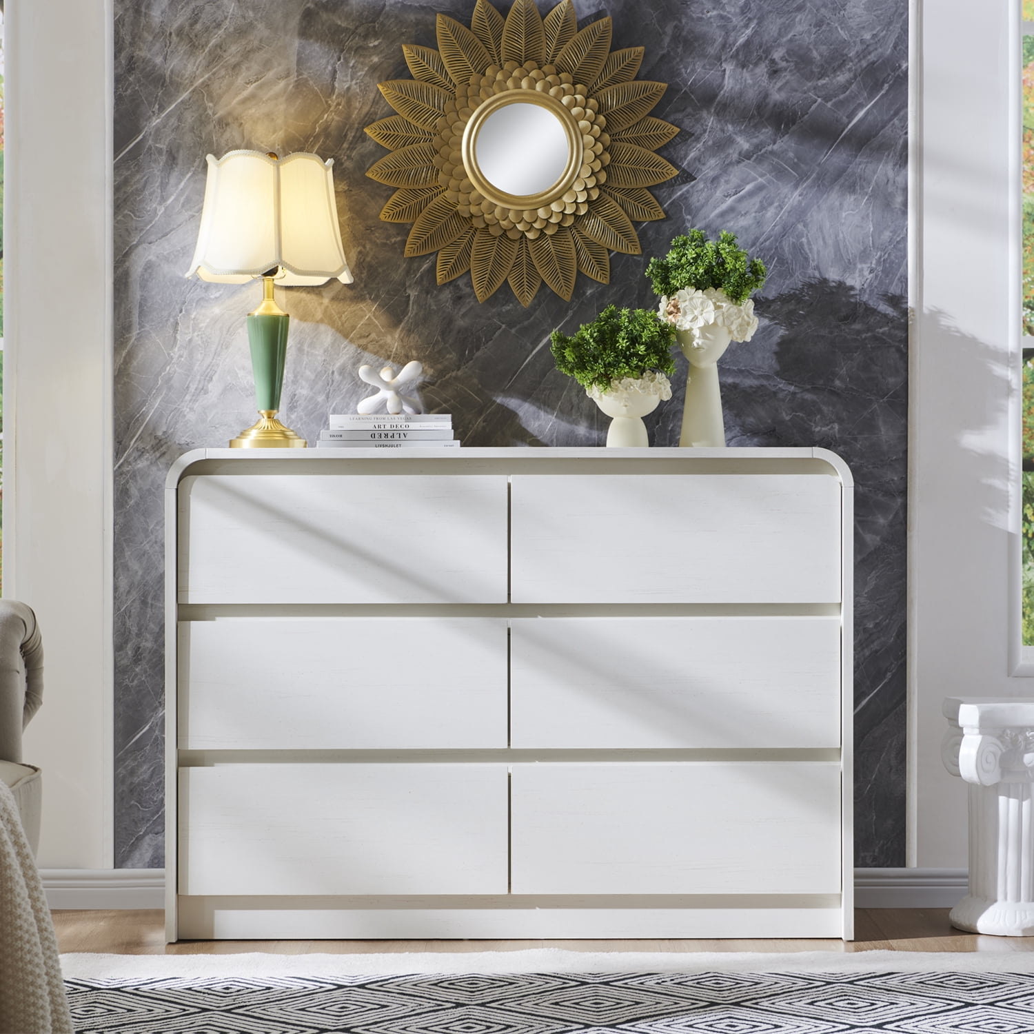 wow97e Modern 6 Drawers Dresser for Bedroom, 47" Wide Wood Chest of Drawers w/Curved Profile Design, for Bedroom, Living Room, White