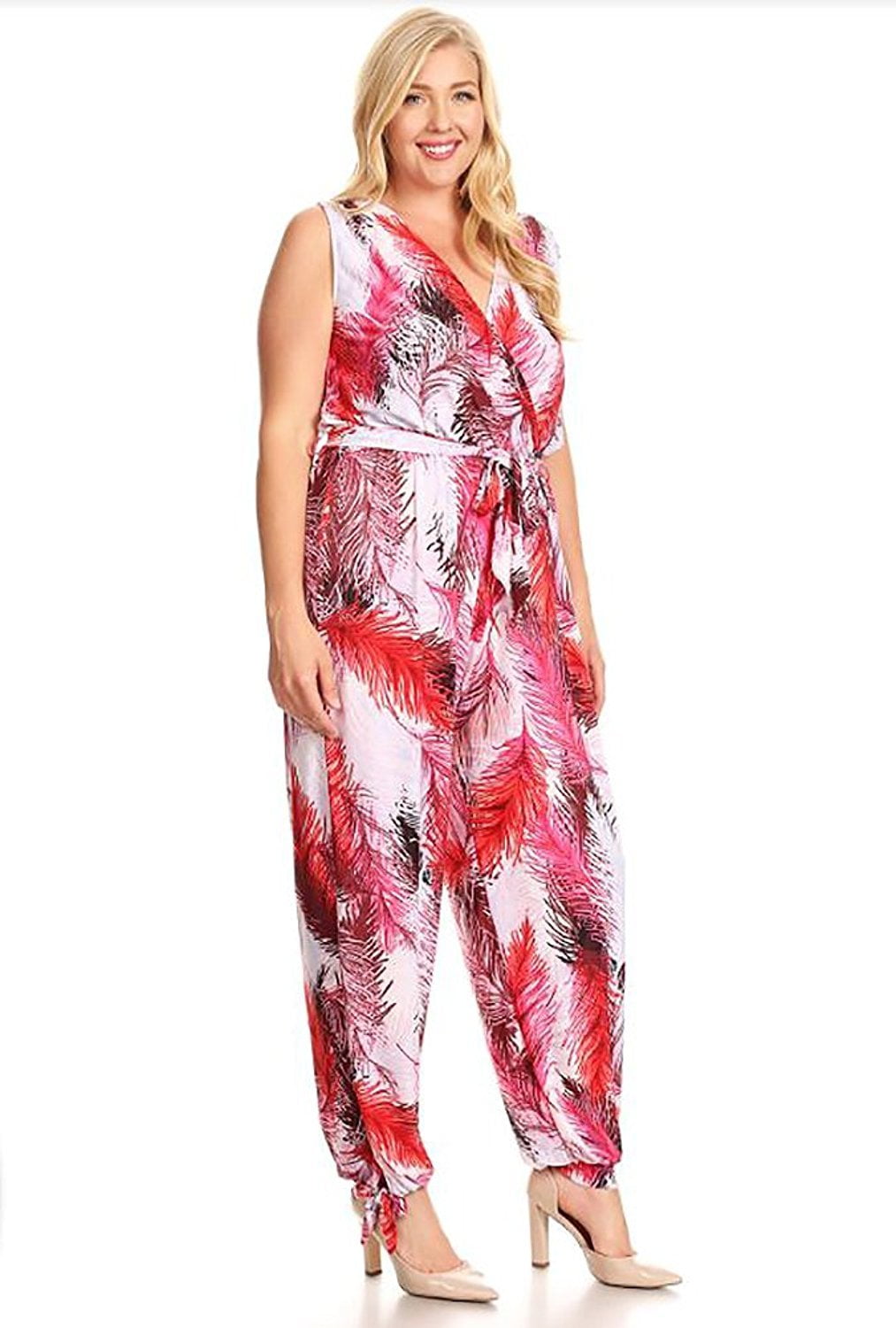 Fourever Funky - Rue21+ Red Pink Abstract Sleeveless Plus Size Harem Jumpsuit Romper U.S.A - 3X