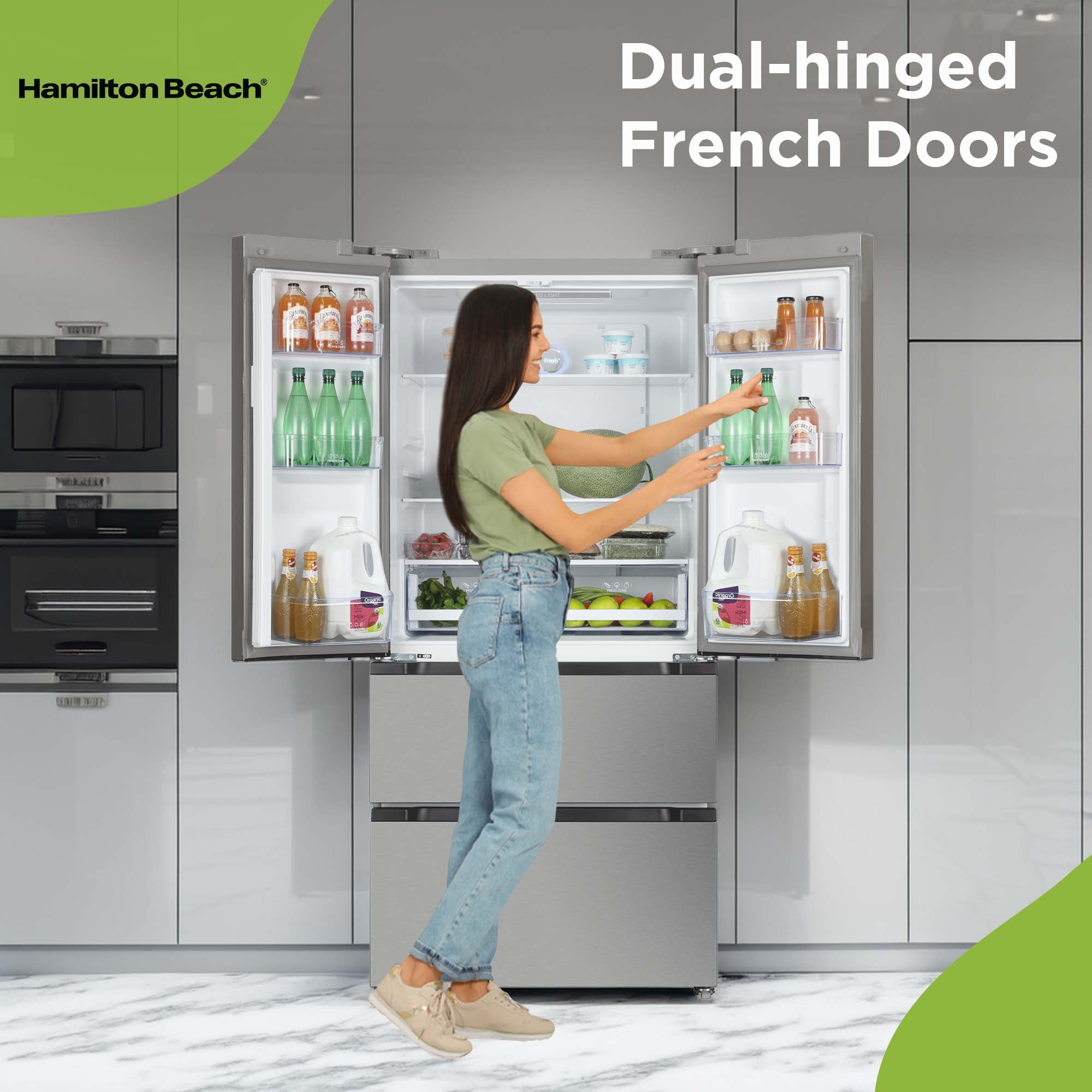 Hamilton Beach 17.9 cu. ft. French Door Refrigerator with Double Freezer, Stainless Steel Fridge with Digital Display and Interior Lighting