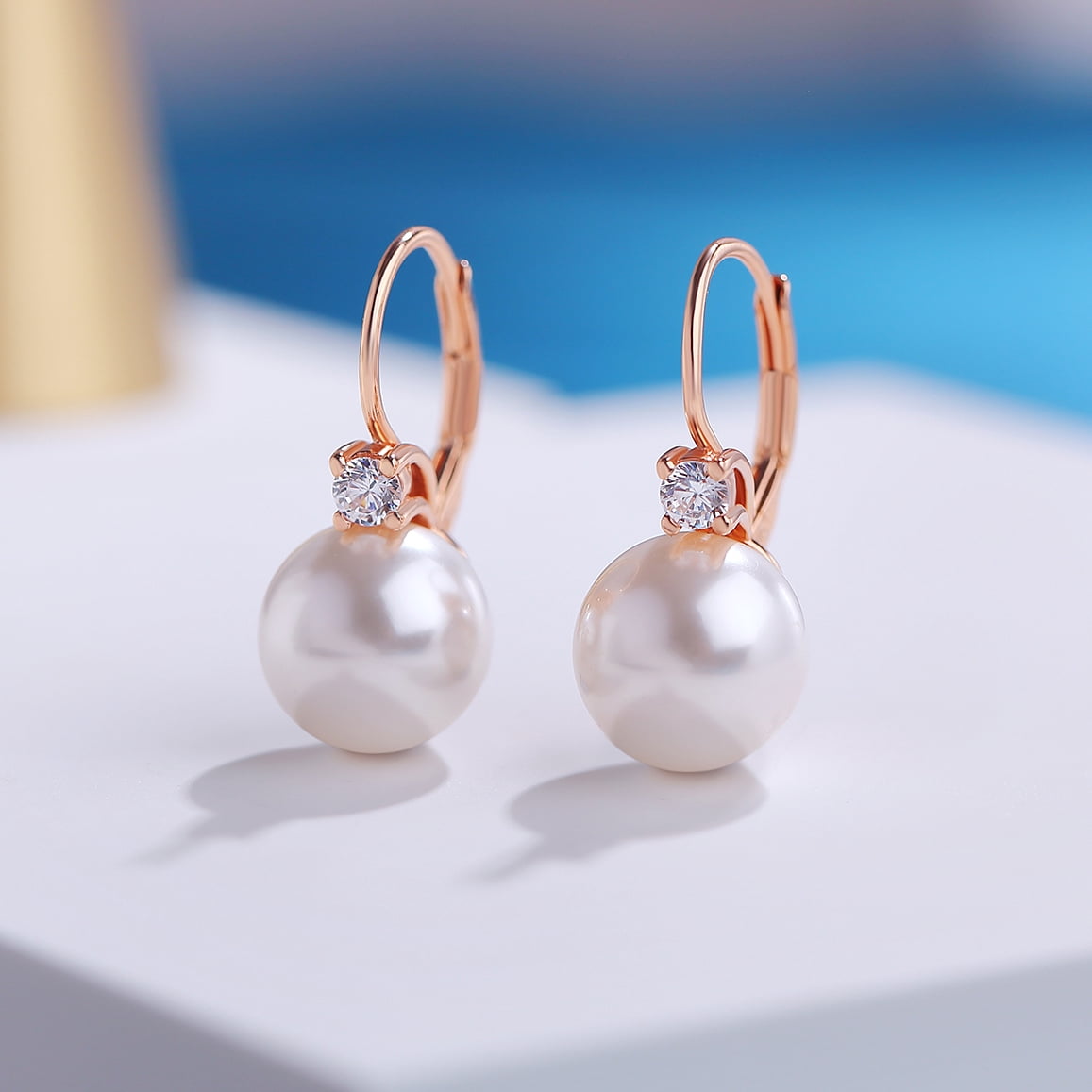 Jiamiaoi Pearl Dangle Earrings 8mm-10mm, 925 Sterling Silver Pearl Drop Earrings with Cubic Zirconia, Hypoallergenic Pearl Earring Leverback Pearl Earrings Drop Ideal Gift for Women