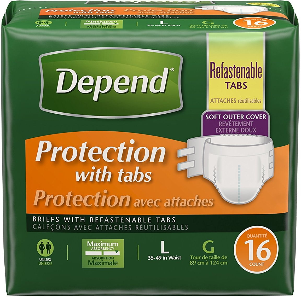 Depend Protection with Tabs Incontinence Underwear Briefs, Maximum Absorbency, Large, 16 Ct