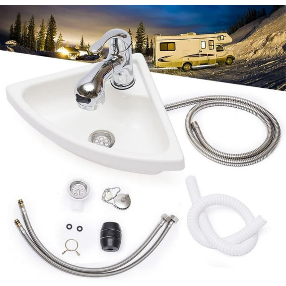 Wall Mount Corner Bathroom Sink, RV Corner Sink Acrylic Triangle Wall-Mounted Bathroom Basin with Faucet & Hose for Camper Van Boat Caravan, White