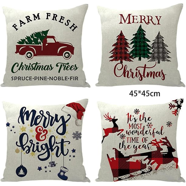 Funda de almohada navide?a 4 piezas 17.7x17.7 pulgadas Lino Decoración navide?a Fundas de almohada Fundas de cojines para exteriores Vacaciones de invierno Funda de almohada decorativa Suave Navidad cuadrada ZefeiWu 8390605289620