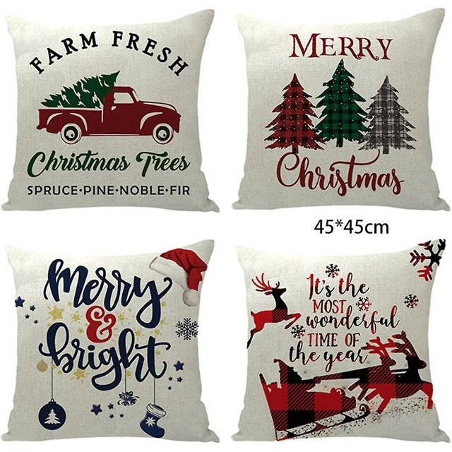 Funda de almohada navide?a 4 piezas 17.7x17.7 pulgadas Lino Decoración navide?a Fundas de almohada Fundas de cojines para exteriores Vacaciones de invierno Funda de almohada decorativa Suave Navidad cuadrada ZefeiWu 8390605289620