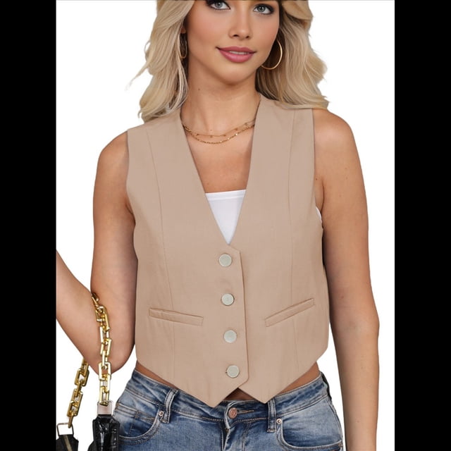 Chaleco de Traje Corto para Mujer, con Botones, Informal, Elegante, para Negocios. Caqui S