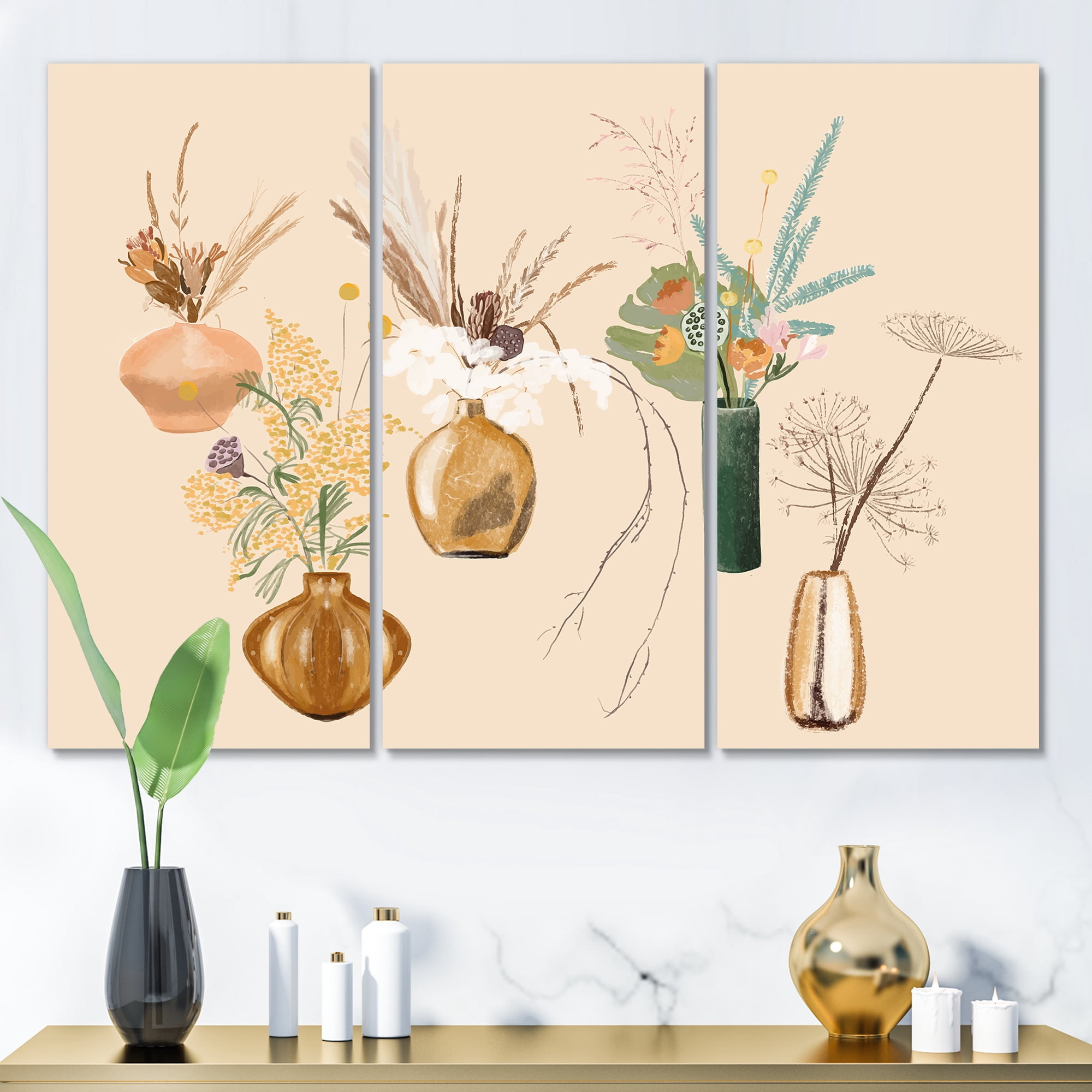 Gold Vases With Bouquets Of Wildflowers III 28 in x 36 in Painting Canvas Art Print, by Designart