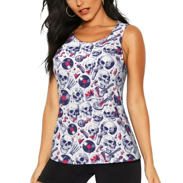 Balery music Skull record mike Camiseta sin mangas estampada ligera para mujer, tops de entrenamiento sin mangas, camisetas de yoga transpirables de secado rápido.-XX-Large