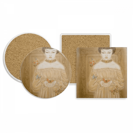 

Dress Beauty Chinese Painting Coaster Cup Mug Holder Absorbent Stone Cork Base Set
