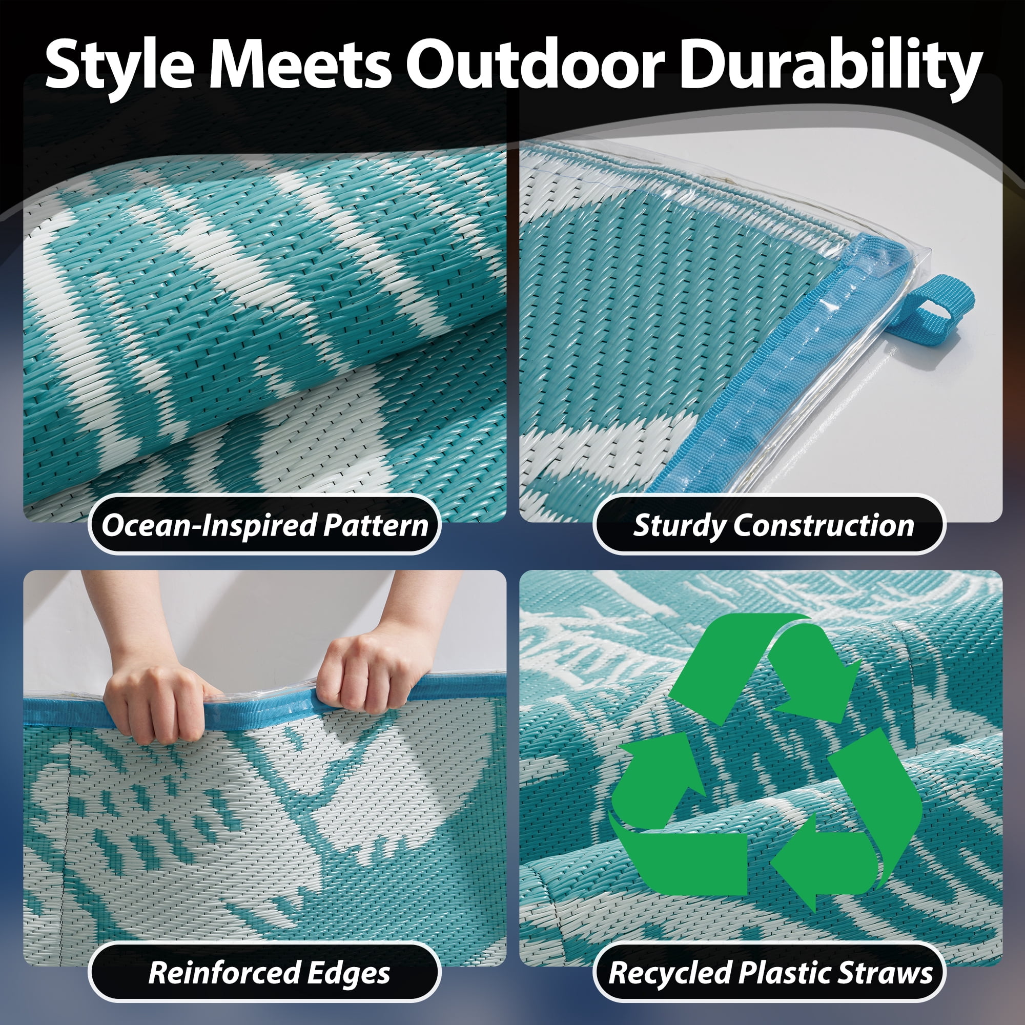SIXHOME 8'x10' Waterproof Reversible Outdoor Rug with LED Strip Lights, Coastal Ocean-Inspired Patio Rug, Lightweight Woven Plastic Carpet for RV, Camping, Deck & Balcony, Teal
