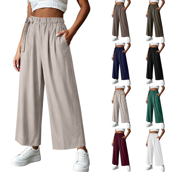 Certgust Hot Sales Linen Pants Women Wide Leg Pants for Women Linen Blend High Waisted Elastic Waist with Bow Decor Casual Loose with Pockets Summer Lightweight Breathable