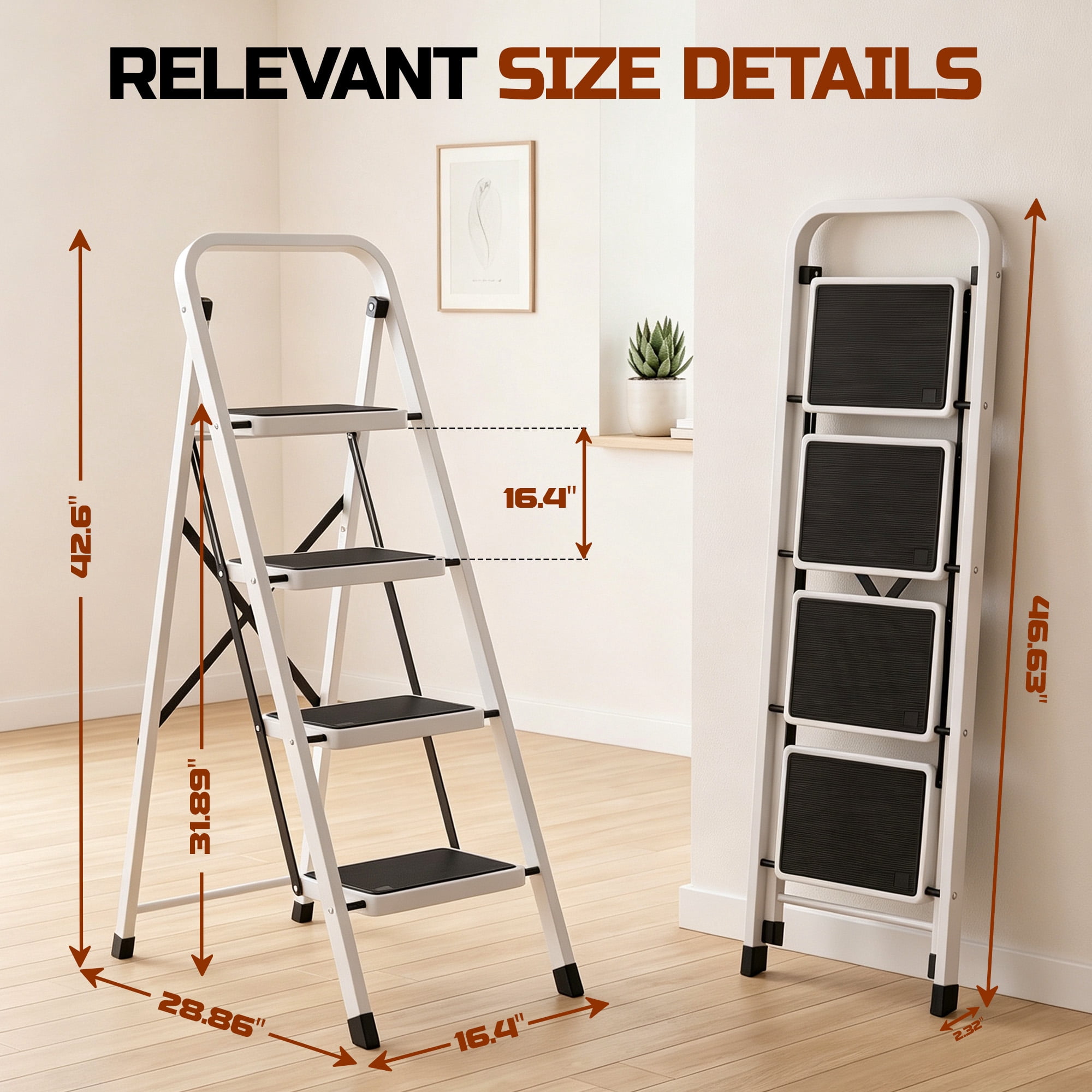 LevLad 4 Step Folding Ladder, Lightweight Portable Stepladder with Anti-Slip Pedal, Ladders with Convenient Handrails, Steel Stool for Kitchen, Home Improvement,White