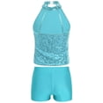 thumbnail image 2 of YEAHDOR Kids Girls Gymnastic Dance Outfit Halter Allover Sequins Tops with Gymnastics Workout Shorts Light Blue 6, 2 of 7