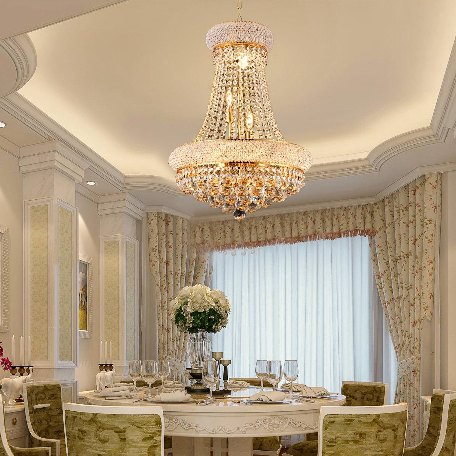 French Empire Crystal Chandelier in Gold, 9 Lights Modern Luxury Ceiling Lamp with 3000K LED Bulbs, Dimmable Lighting for Dining Room & Living Room