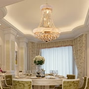 French Empire Crystal Chandelier in Gold, 9 Lights Modern Luxury Ceiling Lamp with 3000K LED Bulbs, Dimmable Lighting for Dining Room & Living Room