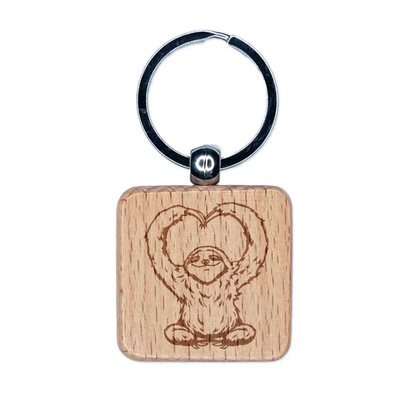 Happy Sloth Making Heart Arms Square Keychain Charm Tag - Engraved Wood