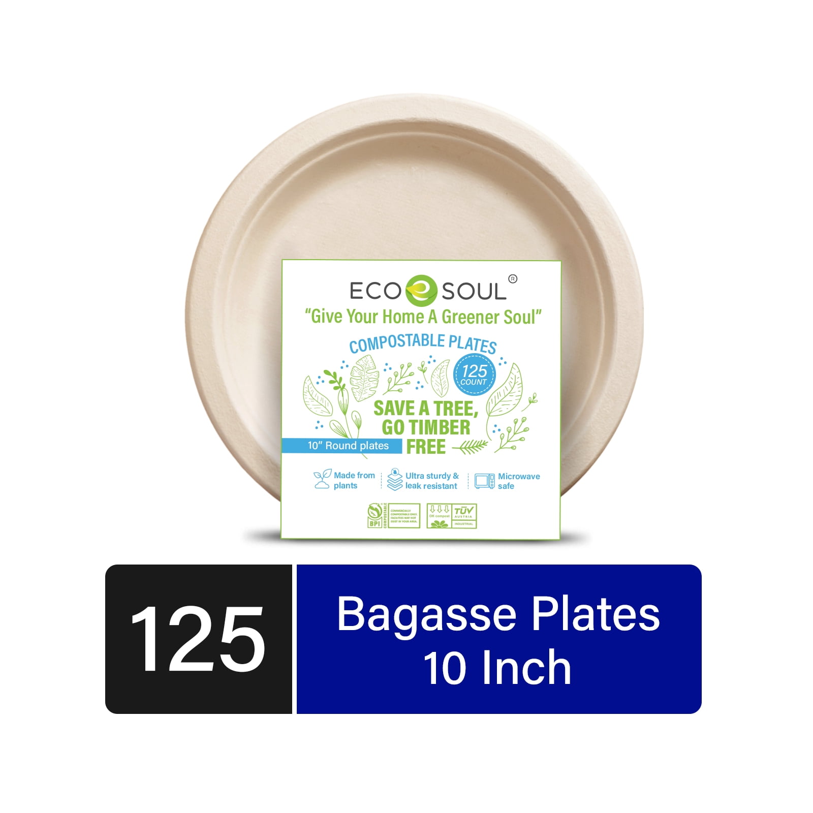 EcoSoul Compostable Plant Based 10 inch Round Bagasse Plates, 125 count