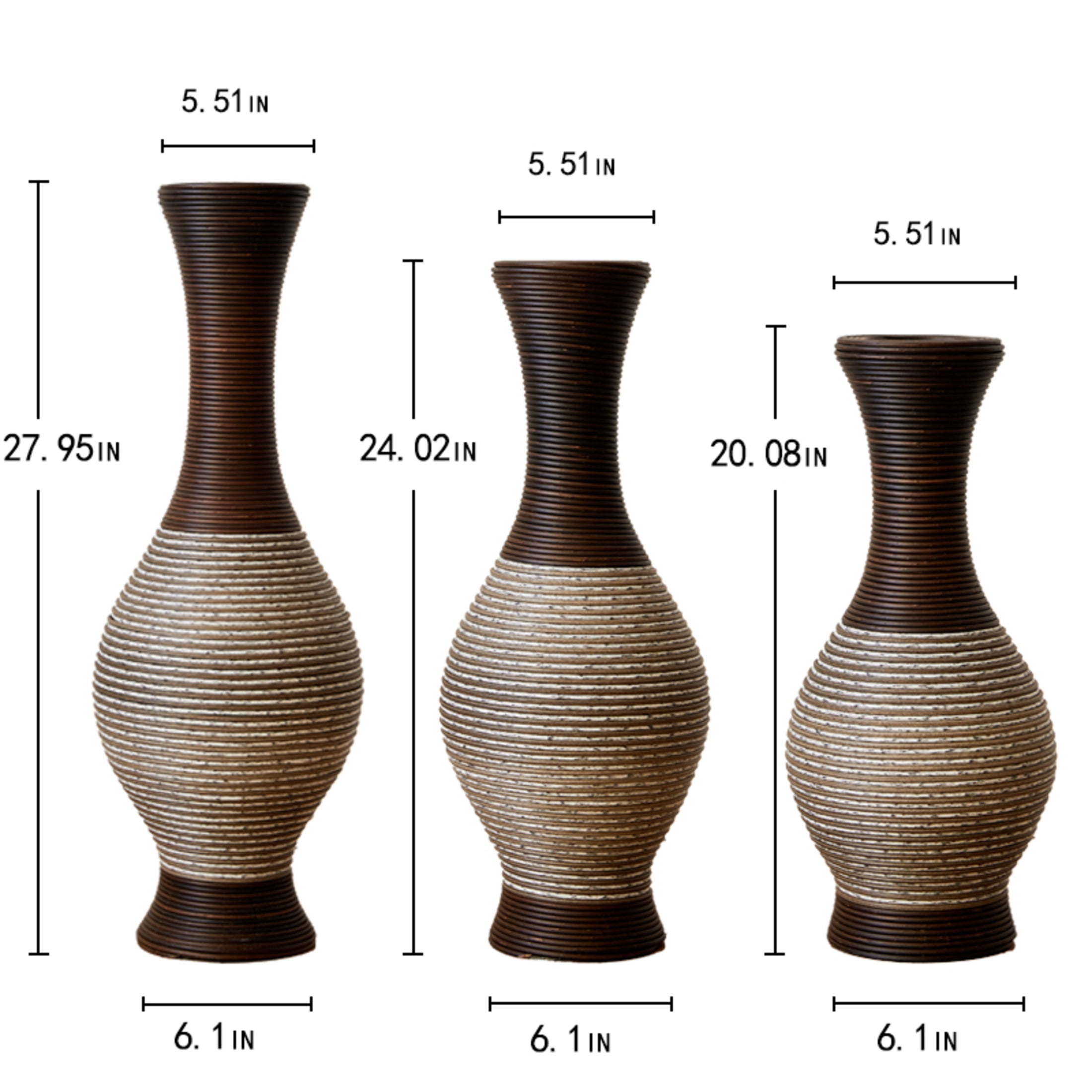 Noble House Set of 3 PVC Floor Vases, Decorative Vases with Textured Design, Brown + White