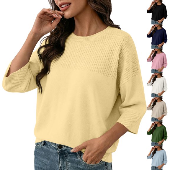 Breezora Women's Summer Casual Knit Tops 3/4 Sleeve Crew Neck Lightweight Ribbed Pullover Sweater For Weekend Outing