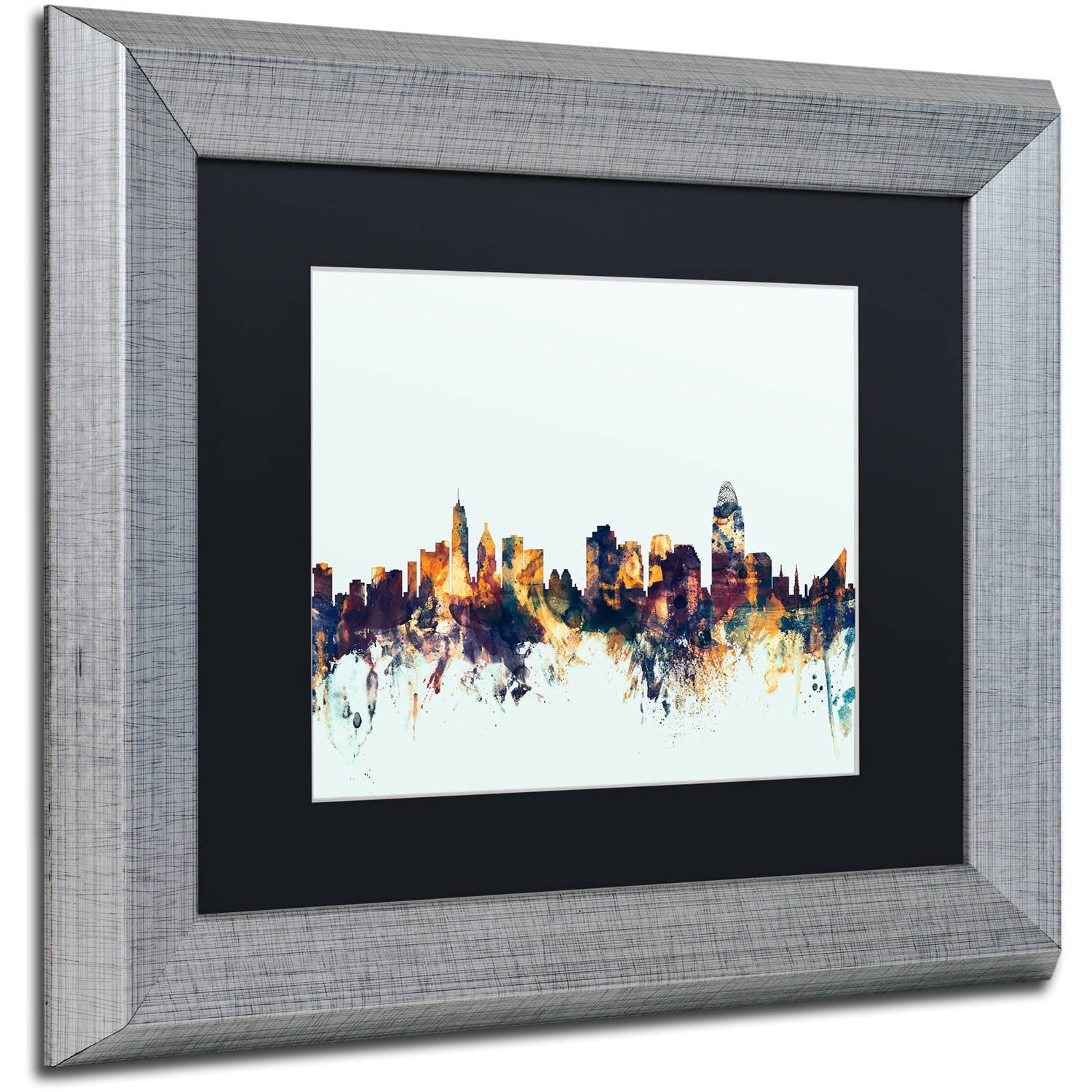 Trademark Fine Art "Cincinnati Ohio Skyline Blue" Canvas Art by Michael Tompsett, Black Matte, Silver Frame
