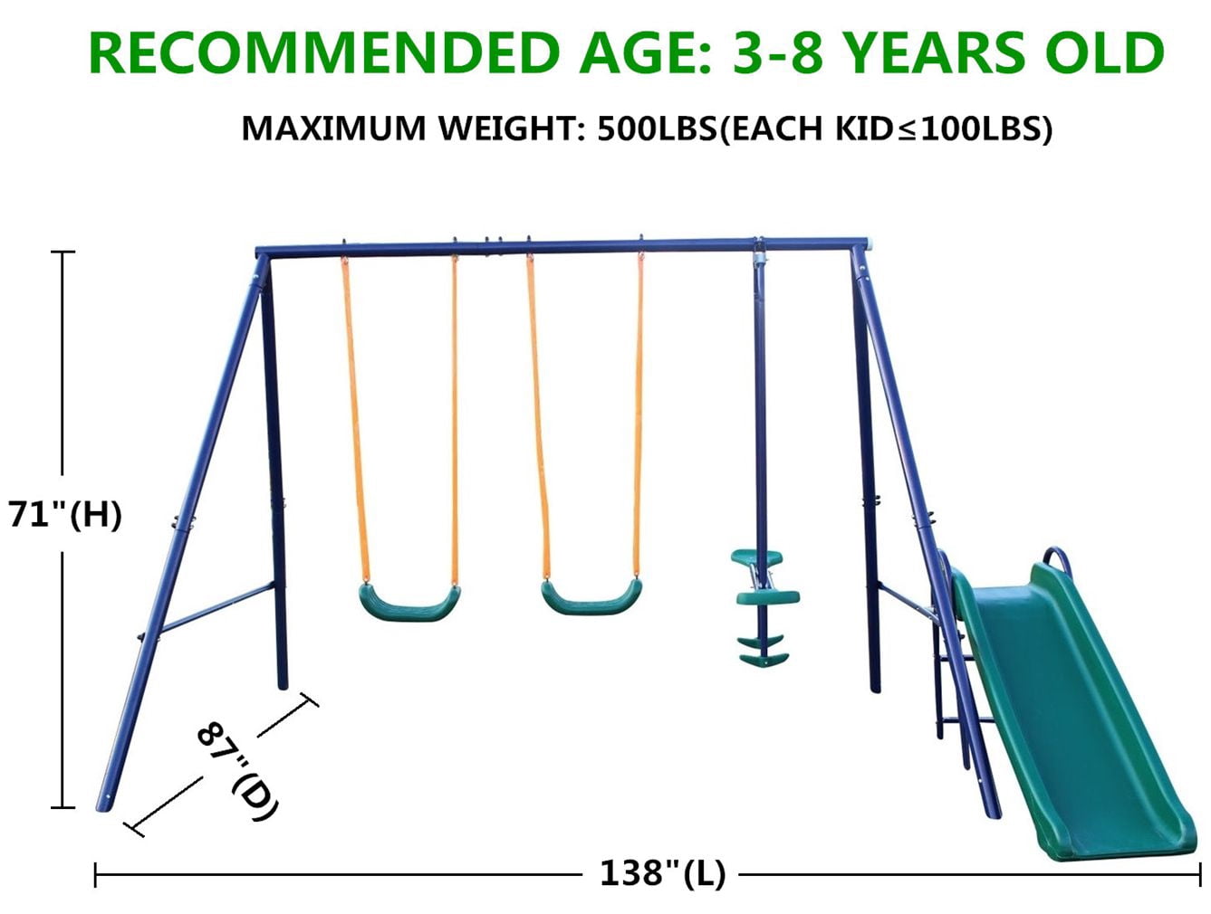 4 in 1 Outside Swing Set, Metal Swing Set with 2 Swing Chair, Slide and Glider, Outdoor Swing Frame, 4-5 Kids Swing Playset Set Outdoor Backyard Games