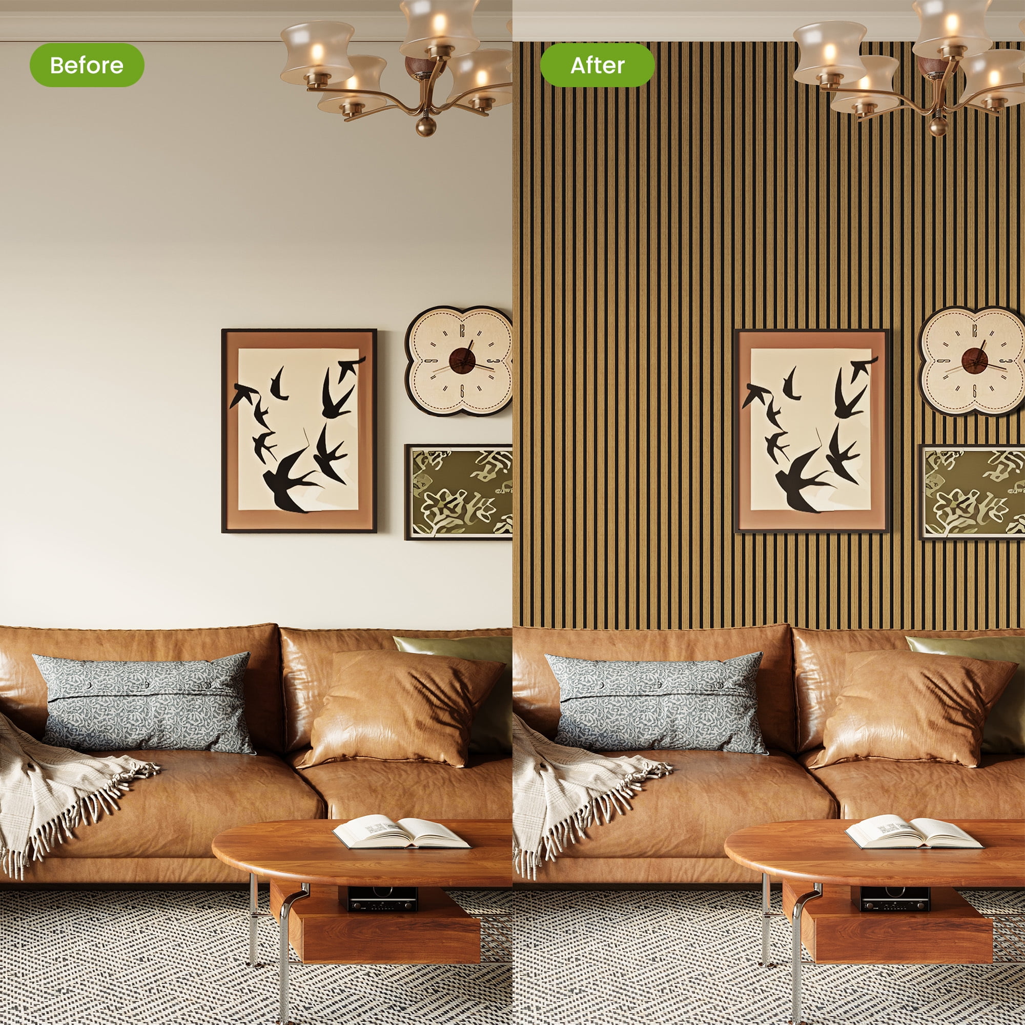 Easy4Home 2Pcs 106"x12.6" Wood Slat Acoustic Wall Panels, 3D Fluted Soundproof Decorative Panels for Interior Walls, Classic Oak