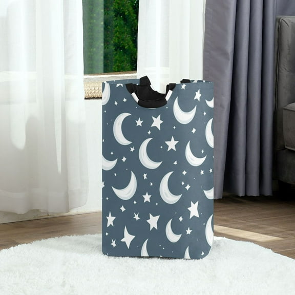 White Moon and Stars Foldable Laundry Hamper 12.6x11x22.7in with Handles for Bathroom Bedroom Storage