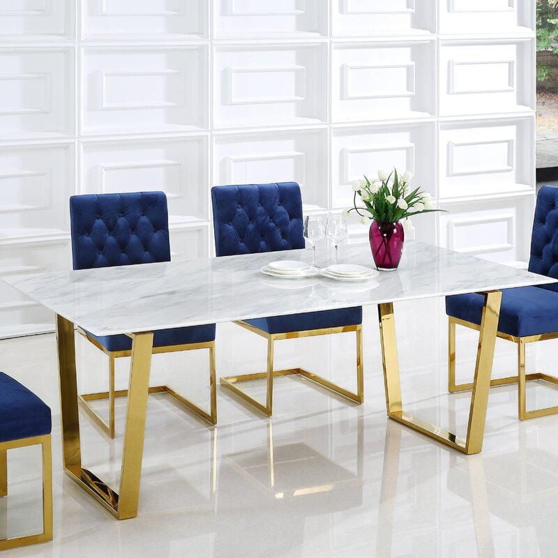 Rectangular Marble Dining Table with stainless steel polished gold base, Modern designe