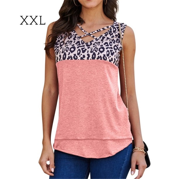 Camiseta sin mangas con cuello en V y estampado de leopardo para mujer, camiseta sin mangas de verano, rosa, XXL seitruly AP002393-10