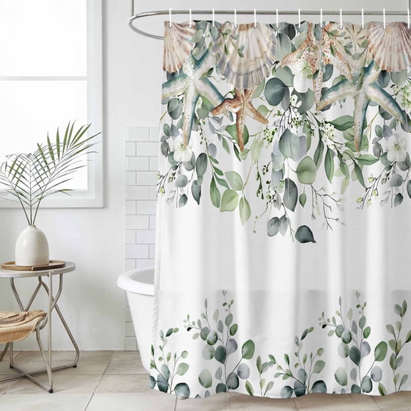 Sage Green Coastal Waterproof Fabric Shower Curtain, Spring Eucalyptus Leaves Waterproof Fabric Shower Curtain for Bathroom Curtains Bathtubs Hotel Washable Shower Curtains with 12 Hooks Long 72x78in