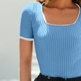 thumbnail image 5 of Ruyang Summer Tops for Women, Women's Short Sleeve Square Neck Color Block T Shirt 2024 Summer Slim Fit Ribbed Knit Basic Tee Tops, 5 of 8