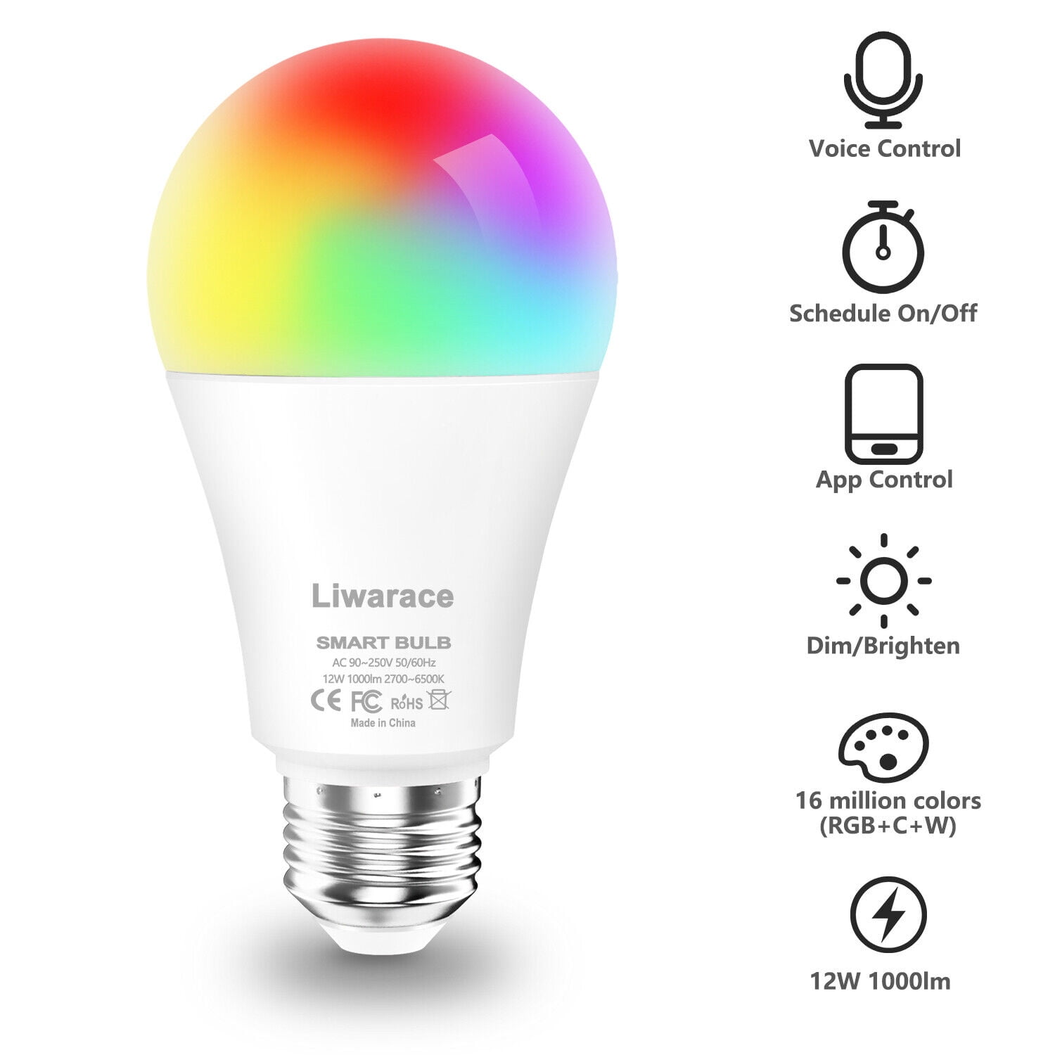 vleet valuta Positief Wifi Smart LED light Bulb 12W(80W) E26 E27 A19 1000LM RGBW Dimmable App  Control - Walmart.com