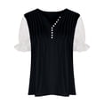 thumbnail image 4 of Plebaso Hauts d'Été pour Femmes Patchwork Dentelle Manches Courtes Tunique Décontractée Boutonnée Col en V Blouses Habillées, 4 of 6