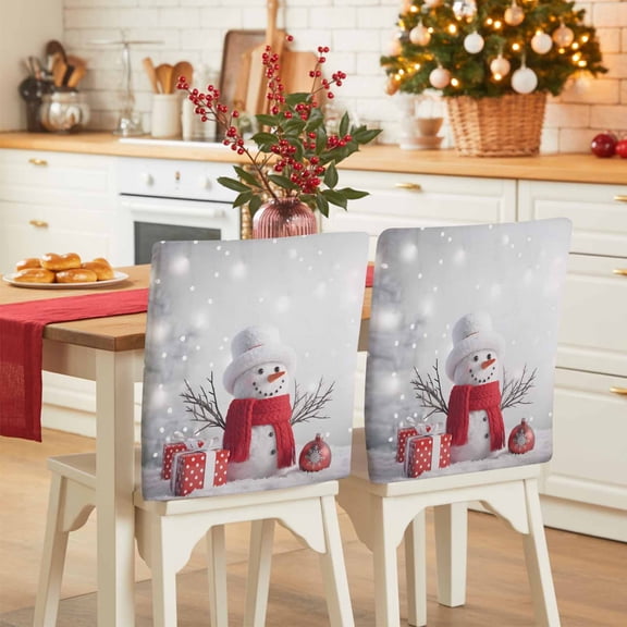 Christmas Snowman Chair Covers Set of 4 White Snowman Hat Scarf Box Snow Scene Chair Back Covers Stretch Removable Washable Slipcovers Protector for Dining Room Kitchen Party Decor